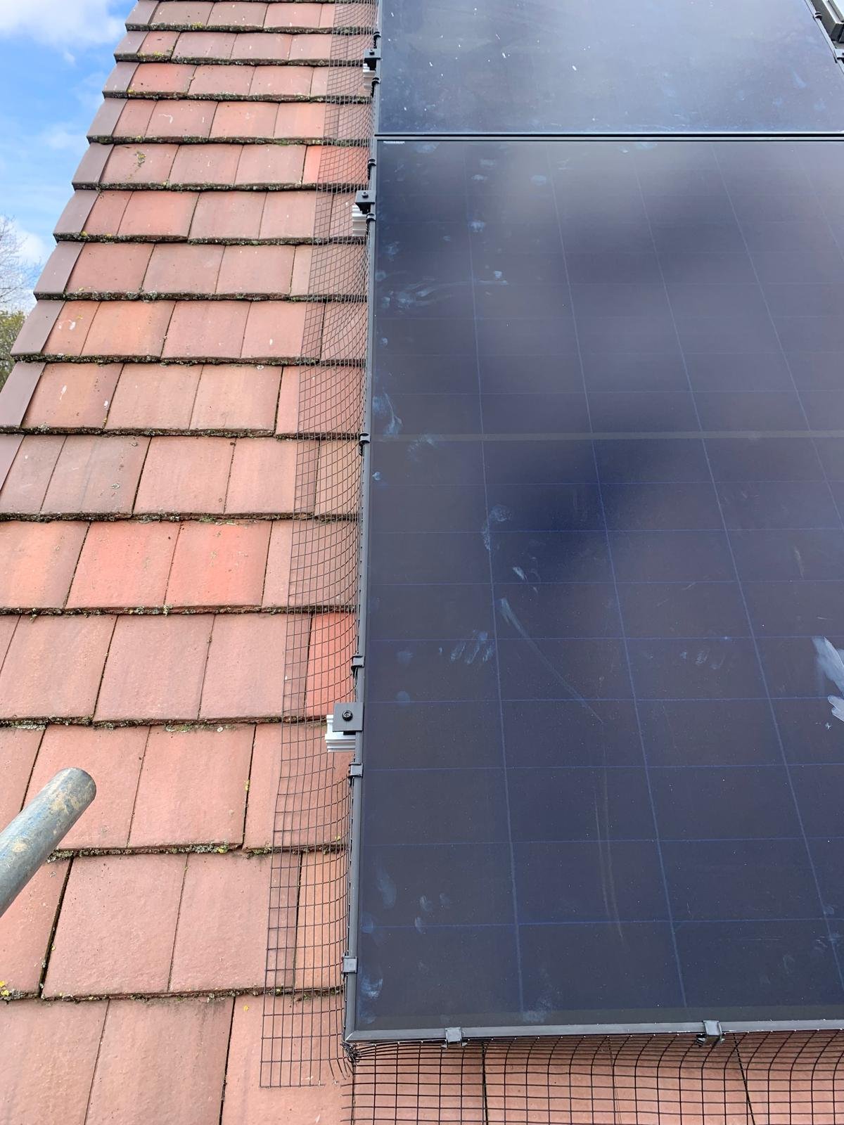 Detail of bird mesh fitted to the edge of a solar panel array